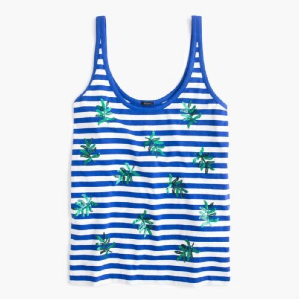 J Crew Striped Blue White Top Tank Sequins Palm Tree Leaves Tee Linen Women's XL